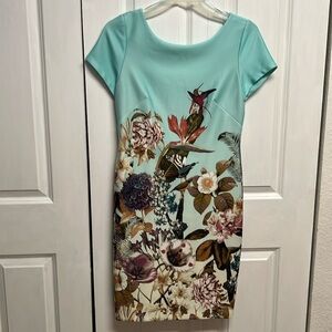 CB Established 1962 Blue Hummingbird Spring Print Low Back Pencil Dress Size 12